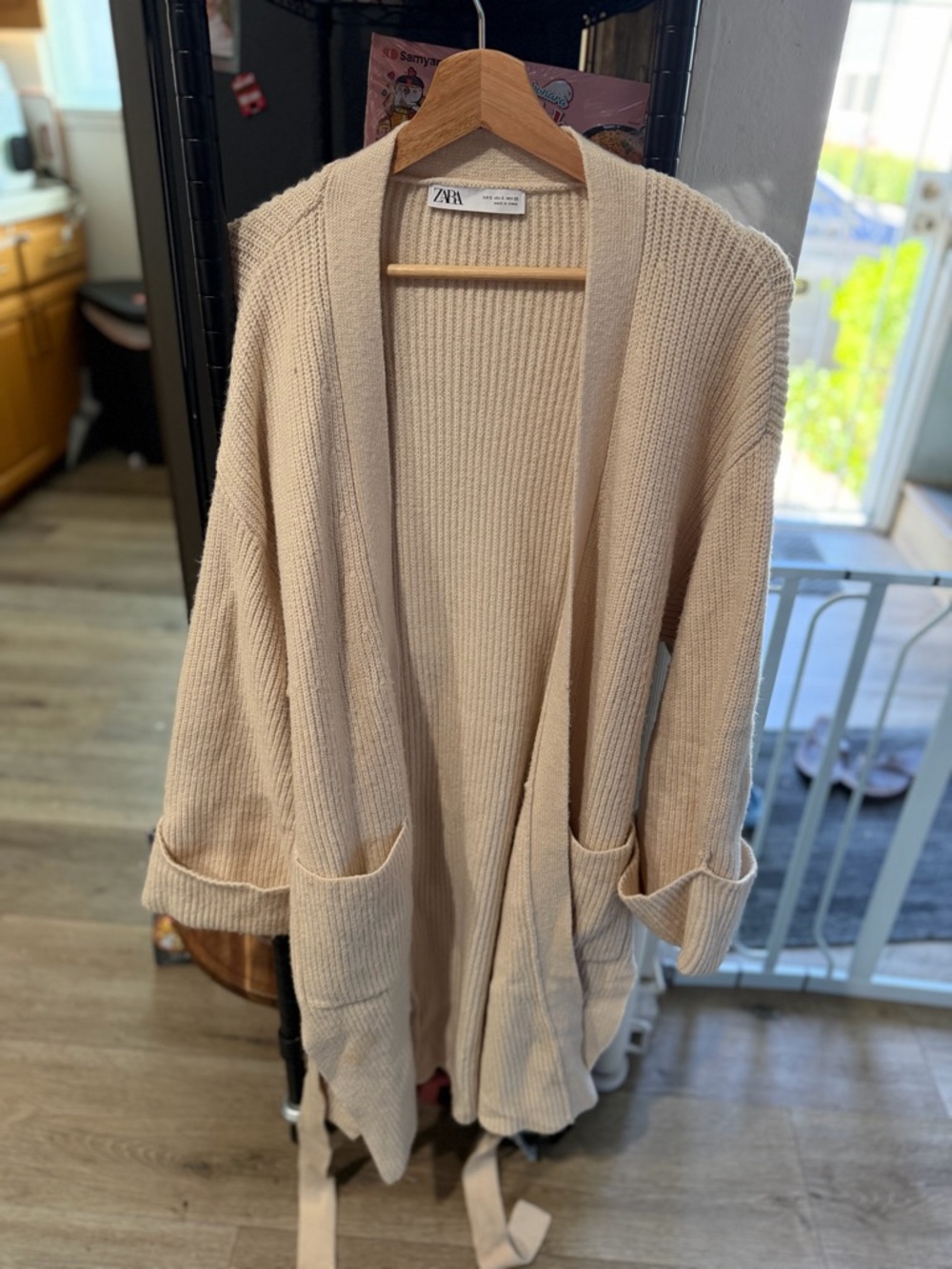 ZARA Beige Open-Front Long Ribbed Cardigan with Belt